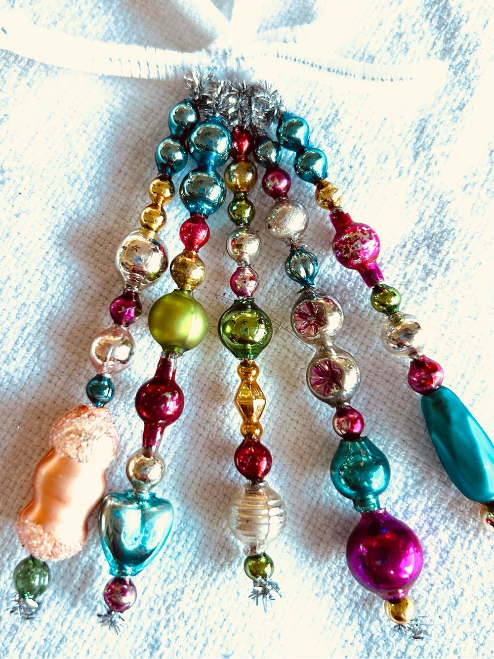 Mini Vintage Repurposed holiday Christmas ornaments, mercury Glass bead icicle